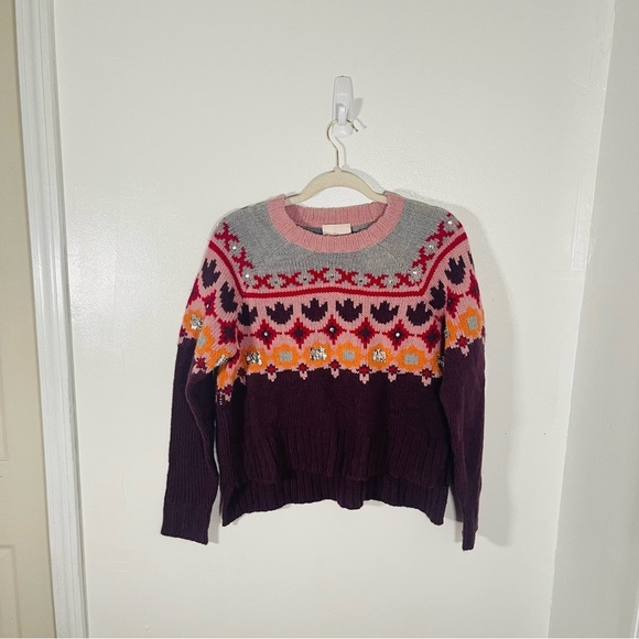 Cinq A Sept Gianni Fair Isle Sweater Wool Blend Knit Sequins Studded Preppy - Picture 2 of 10